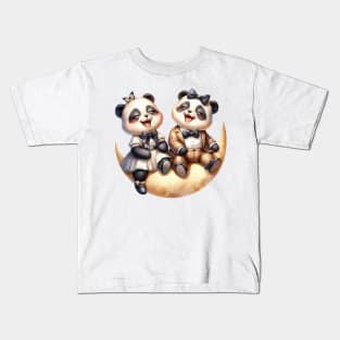 Valentine Happy Panda Bear Couple On Moon Kids T-Shirt